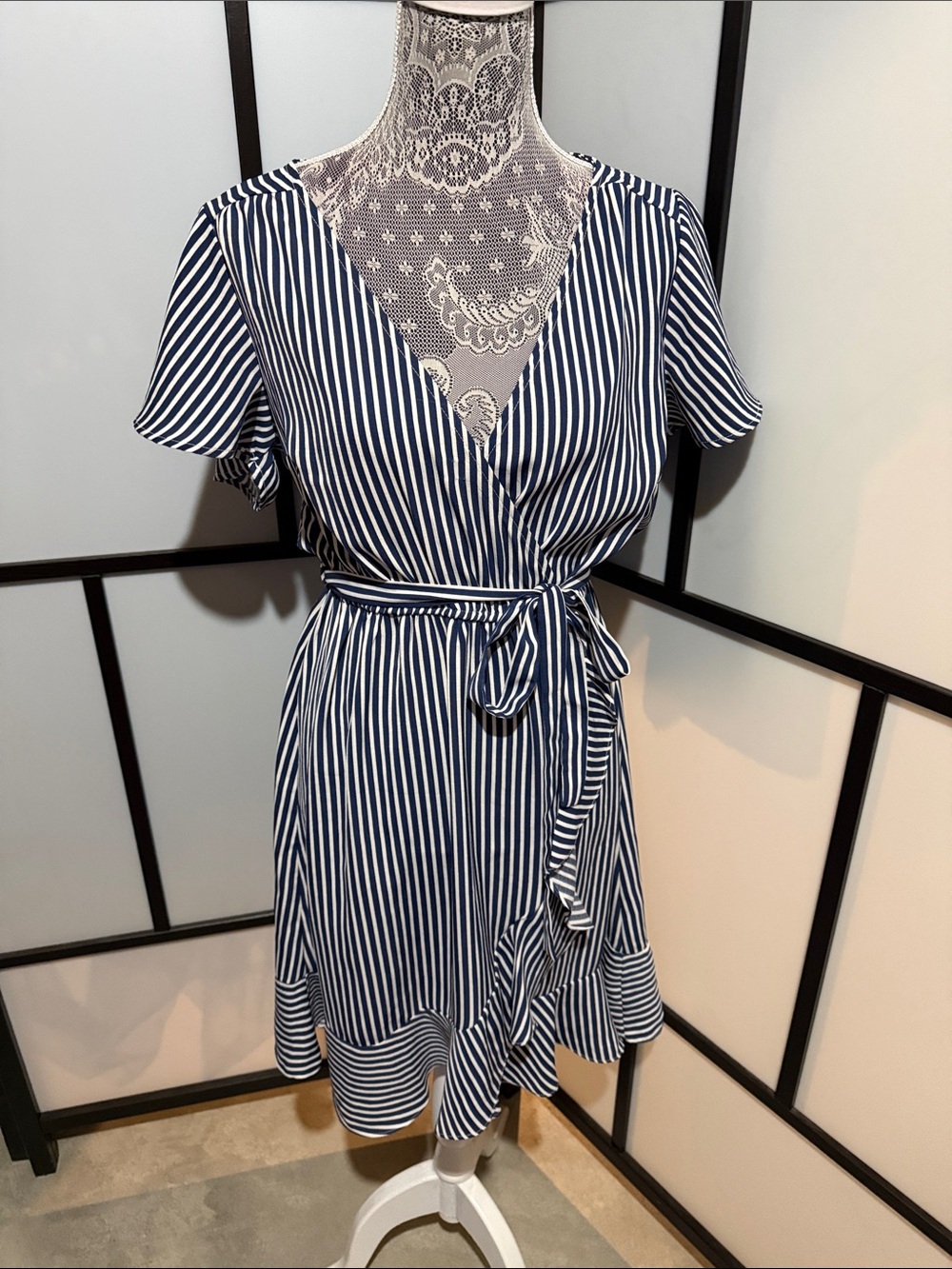 NAIF Navy and White Vertical Stripe Wrap Mini Dress with Tie